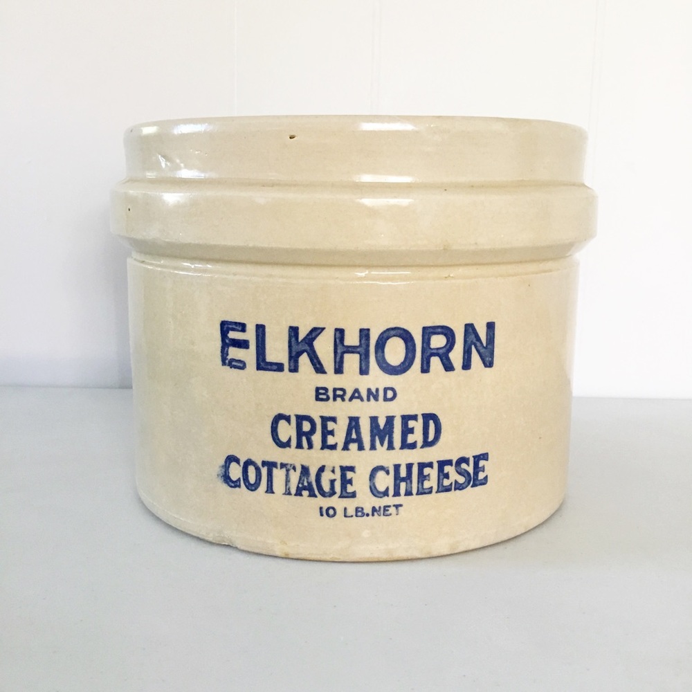 Vintage Large 10 Lb Elkhorn Brand Creamed Cottage Cheese Pottery Holder Rare